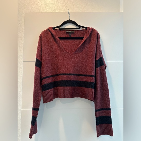 Derek heart burgundy & black v neck hoodie sweater winter casual holiday fall M - Picture 8 of 13